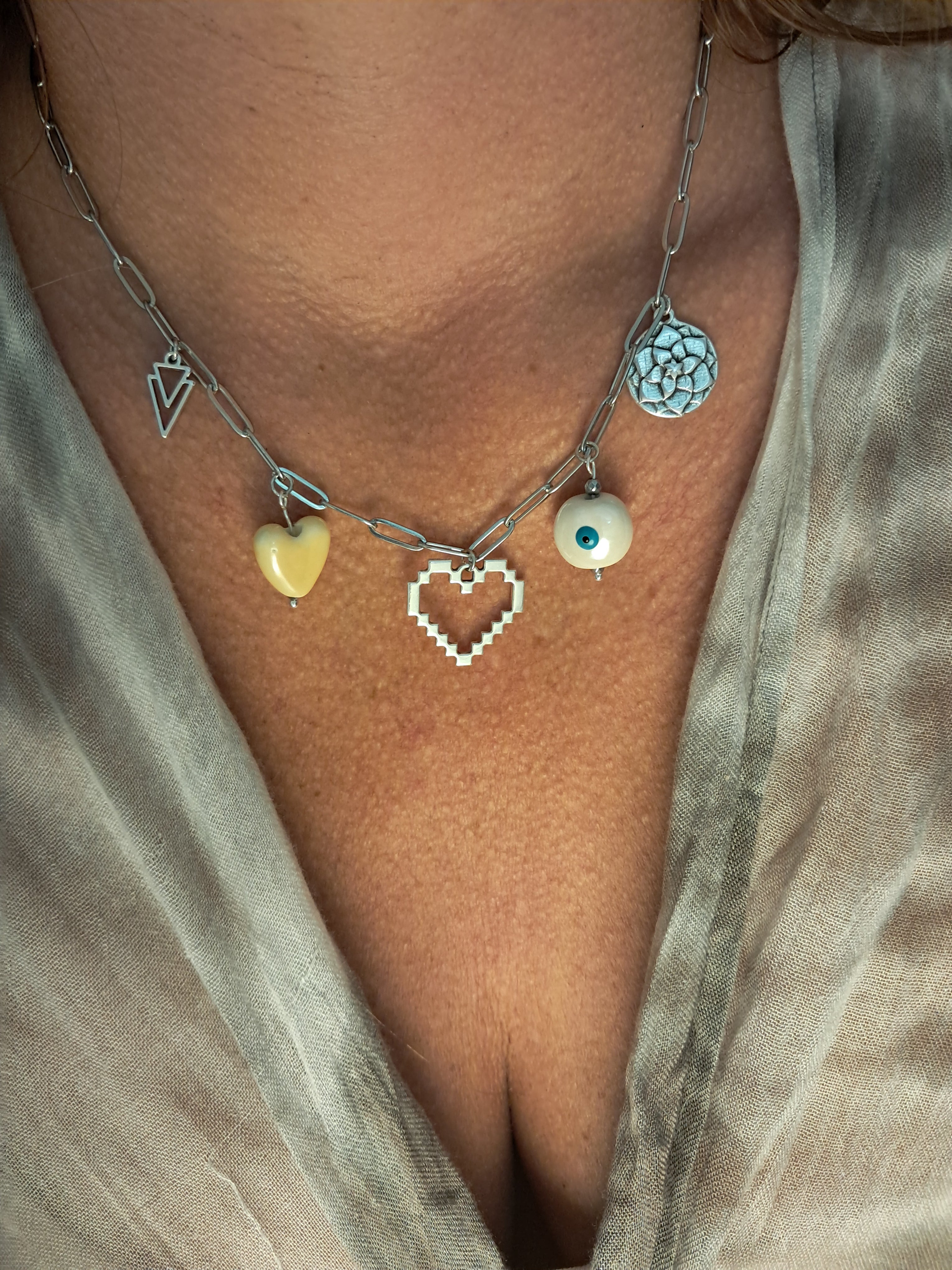 Boho Charm Necklace – Heart, Eye & Flower