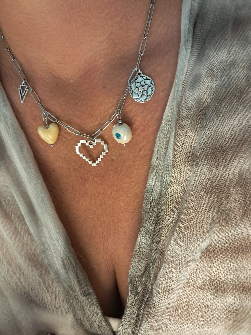 Boho Charm Necklace – Heart, Eye & Flower